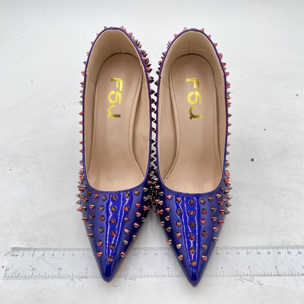 FSJ Blue Purple Rivets Bridal Pointed Toe Chunky Heel Crystal Pumps Dress Shoes - Picture 3 of 8
